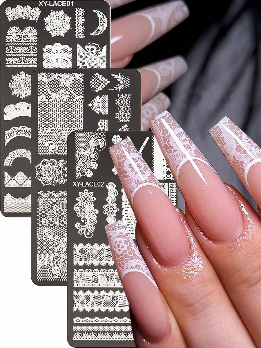 蕾丝曼陀罗美甲印花板套装 - 3D爱心、蝴蝶结、玫瑰和几何藤蔓图案指甲油印花模板，含高跟鞋图案，优雅婚礼季美甲工具，适合DIY和沙龙使用 - 彩色 - 查看 1