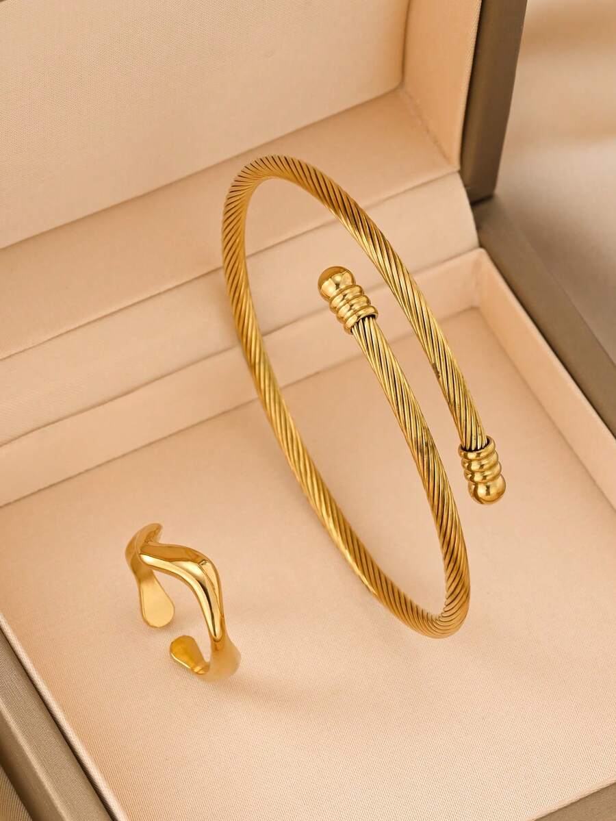 2 piezas/1 pieza Juego de anillo y pulsera de acero inoxidable, textura clásica retorcida en acabado mate dorado con diseño ajustable abierto, adecuado para apilar o usar solo, ideal para ir al trabajo, citas, fiestas, regalos, vacaciones - Dorado - Ver 1