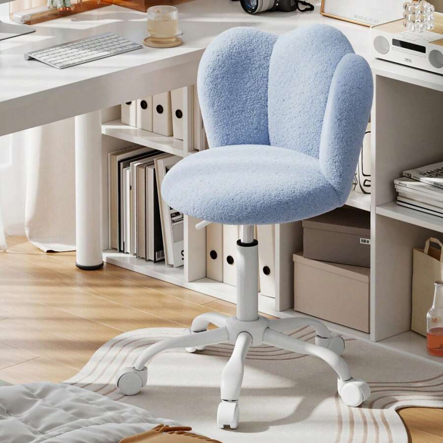 Home Office Chair, Desk Chair, Height-Adjustable Vanity Chair, Swivel Chair Made Of Sherpa Leather, Thickened Cushion (Up To 150kg) For Study, Bedroom, Blue - 天藍色 - 查看 1