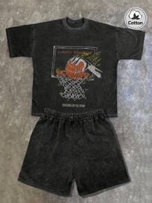 男士新款斋月元素水洗复古短袖套装，街头时尚趣味Emo图案黑色水洗短袖套装，休闲酷炫日常穿着英文印花水洗短袖套装，英文印花图案酷炫百搭黑色棉质水洗短袖套装，Y2K风格，适合日常穿着 - 黑色 - 查看 2