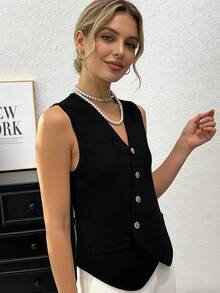 Cardigan Delgado para mujeres Chaleco sin mangas de cuello en V tejido para mujer. Estilo vintage francés veraniego. Silueta estilizada. Dobladillo irregular único y distintivo. Prenda exclusiva y distintiva. - Negro - Ver 4