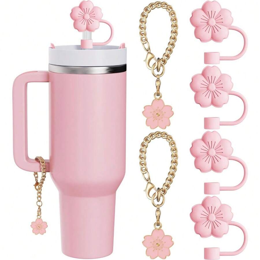 6 Pcs Set Compatible With Stanley Cup Accessories, 4 Black Flower Straw Toppers Compatible With Stanley Straw Cover 9-10 Mm, 2 Cute Flower Charms For Tumbler With Handle - 粉色 - 查看 1