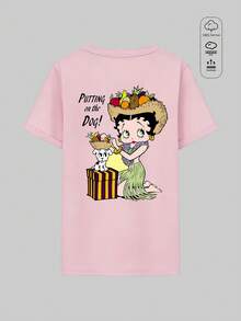 Elourie SHEIN X Betty Boop Chasing Dreams Sweet & Cute Women's Versatile Oversized T-Shirt Spring/Summer Edition Pink-Purple Casual Short Sleeve Wear The Playful Spirit Of - Dusty Pink - View 2