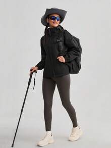 1 buah Jaket Windbreaker Colorblock, Mantel Olahraga Luar Ruangan Ringan Tahan Air Berkerudung untuk Wanita Musim Semi/Musim Gugur Warna Hitam - Hitam - View 3