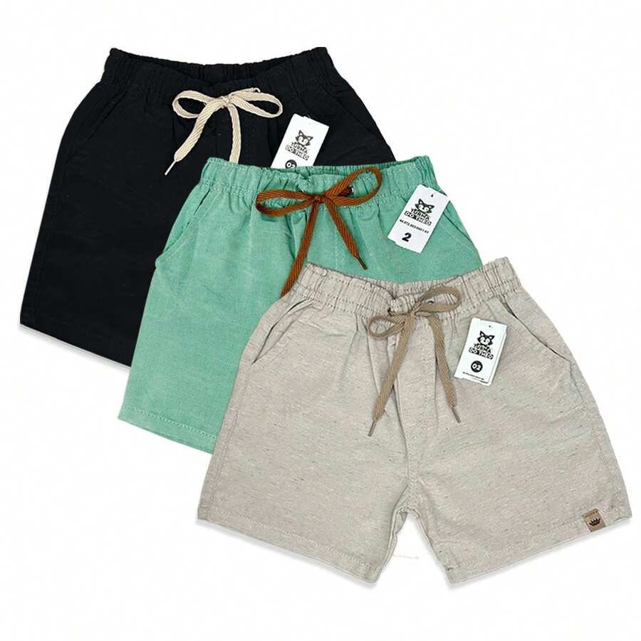 Set Of 3 Premium Linen Shorts For Children And Teens, Bermuda Style, Sizes 2-16 - 綠色 - 查看 1