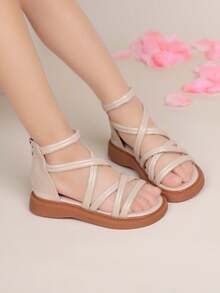 1双柔软舒适的Fufu系带凉鞋，女童罗马凉鞋，柔软皮革细带包裹，亲肤不磨脚，夏季百搭通勤休闲凉鞋，复古厚底设计，轻松展现温柔少女气息 - 米色 - 查看 2