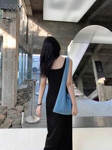 [Y6Y] Women's Sleeveless Square Neck A-Line Thick Strap Dress, Spring/Summer French Casual Elegant Waist Slimming Dress - Black - View 2