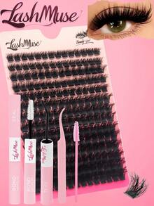 392pcs/196pcs Fluffy DIY Cluster Lashes, 150D Lash Clusters, 0.39–0.71inch Mixed Length Lash Extension, 0.07mm Russian DD Curl, Thick And Reusable Dramatic Lashes, Easy For Beginners, Includes Lash Glue, Tweezers - 黑色 - 查看 1