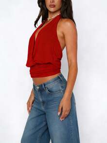 Womens Y2k Solid Color Loose Fit Crop Top Stylish Sleeveless Halter Neck Open Back Tank Vest Fashionable Going Out Cami Top For Summer Party Dailywear - Đỏ - Xem 5