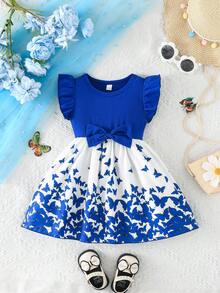 夏季女婴休闲可爱罗纹拼接蝴蝶印花短袖连衣裙 - 藍色 - 查看 3