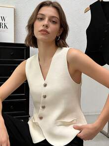 Cardigan Delgado para mujeres Chaleco sin mangas de cuello en V tejido para mujer. Estilo vintage francés veraniego. Silueta estilizada. Dobladillo irregular único y distintivo. Prenda exclusiva y distintiva. - Albaricoque - Ver 6