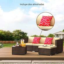 Conjunto de sofá de patio al aire libre, sofá seccional de conversación de mimbre de polietileno y ratán con mesa de centro de vidrio para porche, patio y piscina. - Albaricoque - Ver 2