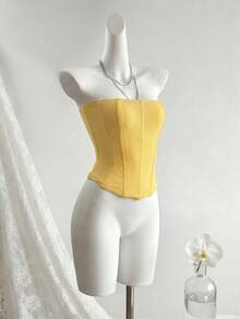 Apperloth A 复古网纱半透明胸衣上衣，无肩带，带钢圈，前系带，后背塑形，适合性感乡村音乐节、夏季度假等场合 - 黃色 - 查看 4