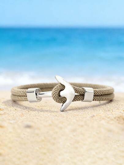 diffone 时尚手工4毫米米兰绳手链，银色船锚手链，男士酷炫海洋海盗饰品