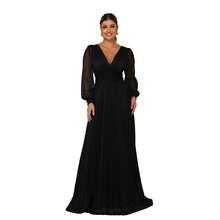 Elegant Women's Long Dress With Long Sleeves And Pleats, Suitable For Bridesmaids, Bridesmaids, Mothers Of The Bride, Groomsmen, Weddings, Graduations, And Evangelical Fashion. - 黑色 - 查看 7