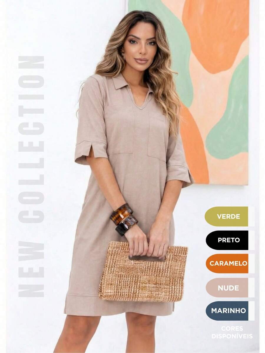 Women's 100% Cotton Dress, Ideal For Summer, With 3/4 Sleeves, V-Neckline And Pockets - Màu be - Xem 1