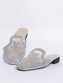 Silver Star Sequin Square Toe Slip-On Shoes, Women's Mesh Breathable Open Toe Mules, Lace Net Flat Sandals For Summer Dresses - Silver - View 6
