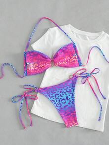 2026 女士夏季沙滩比基尼两件套，优雅性感露背泳衣，适合海滩度假，款式多样，包括吊带三角比基尼、豹纹印花和系带露背设计。 - 彩色 - 查看 4