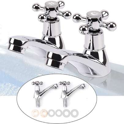 2Pcs Victorian Cross Handle Hot & Cold Basin Taps, Polished Pillar Taps For Kitchen & Bathroom