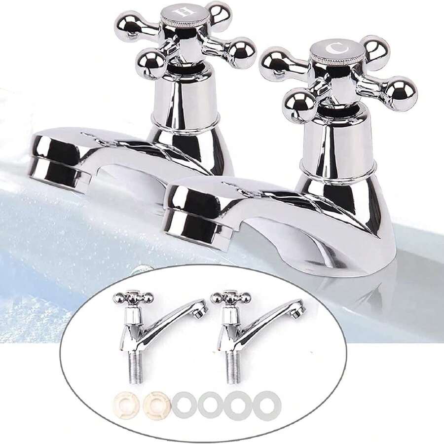 2Pcs Victorian Cross Handle Hot & Cold Basin Taps, Polished Pillar Taps For Kitchen & Bathroom - 2pcs - View 1