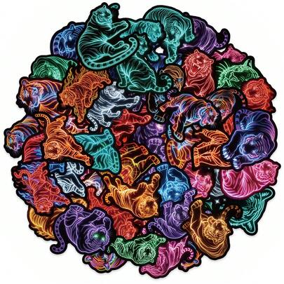 56张霓虹老虎贴纸，色彩鲜艳的霓虹线条老虎图案，防水乙烯基材质，非常适合贴在水瓶、笔记本电脑、滑板、手机壳、日记本等处。酷炫的动物主题贴纸，可用于个性化日常用品，也适合DIY手工、派对装饰、送礼以及展现独特风格。