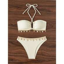 Women's Halter Bikini - Textured Bandeau Two Piece Swimsuit With Shell & Starfish Detail, Beach Swimwear For Vacation, Adjustable Back Tie - Nhiều màu 403 - Xem 5