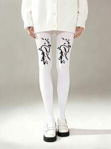 1 Pair Niche Edgy Thick Tights White Gun Pattern Sexy Opaque Stockings Urban - Multicolor - View 5