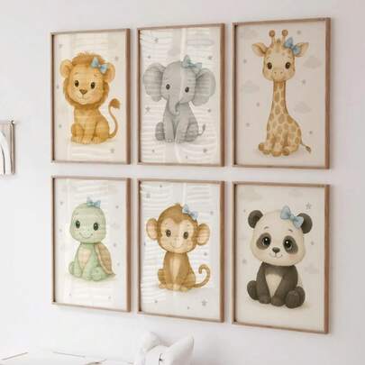 6 Pieces Animals Wall Art Posters Elephant Painting Poster Giraffe Wall Picture Lion Wall Prints Wall Arts Nursery Poster Set Kids Room Decoration Stuff Bedroom Wall Decor No Frame