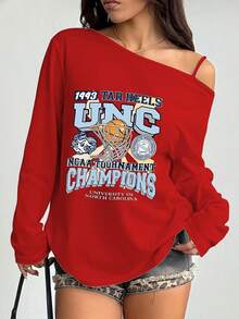 Off - The - Shoulder Black Long - Sleeve Top With 1993 TAR HEELS Graphic, UNC Blue Letters, Basketball Hoop Image, Carolina Panther Paw Logo,  Tournament Champions Badge, University Of North Carolina Print, Perfect For Sports Fans - 紅色 - 查看 7