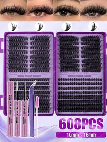 608/544/528pcs DIY False Eyelash Set. This Set Includes Various Styles Of False Eyelashes Ranging From 8-16mm In Length, Including Holiday Lashes, Cat Eye Lashes, Fairy Lashes And Lashes That Enlarge The Eyes. Soft And Long-Lasting, The Set Includes Eyelash Glue, Eyelash Brush And Tweezers. Suitable For Daily Wear, Dates, Parties And Festivals, Easy To Use. - Purple - View 4