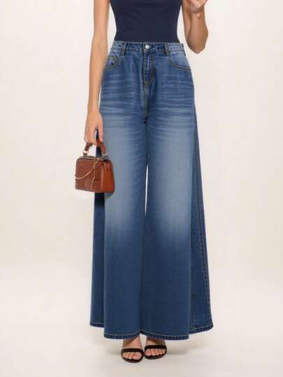 Pantalones Vaqueros Anchos para Mujer de Talle Alto, Modernos y Holgados, que Combinan Comodidad, Durabilidad y Transpirabilidad, Lavado Vintage Degradado Azul,pantalones de mujer>mezclilla,palazzos mujer casuales,conjuntos casuales para mujer,ropa mujer,pantalon de mezclilla dama,wide leg jeans muje,r