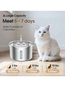 3升/101.45液盎司/0.793加仑不锈钢自动猫咪饮水器 | 静音USB供电宠物喂食器，带水位指示器和蓝色LED灯，耐用金属结构，时尚金属外观，无需电池 - 彩色 - 查看 9