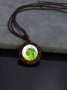 1PC Lucky Clover Pattern Wooden Pendant Necklace, With Dome Glass Inlay And Rope Chain, Suitable For Daily Matching Or Holiday Gifts. - Brown - View 9
