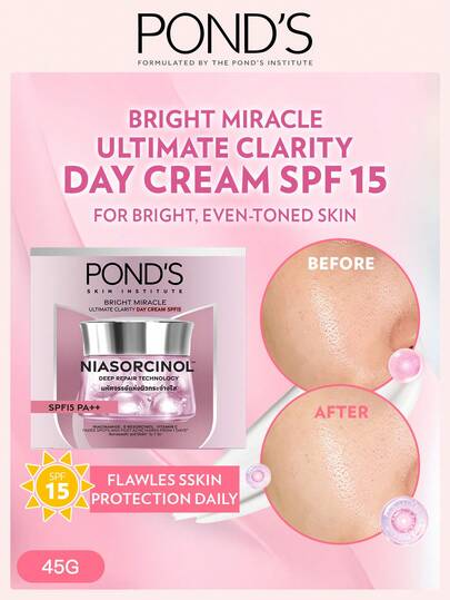 Pond's [45克] 旁氏亮白奇迹日霜 | 旁氏B3美白霜（干性肌肤适用） | 旁氏B3美白霜（中性肌肤适用） | 旁氏滋养保湿霜 | 亮白焕采维生素B3+精华保湿霜 | 净化均匀肤色 | SPF 15防晒 | 控油不堵塞毛孔