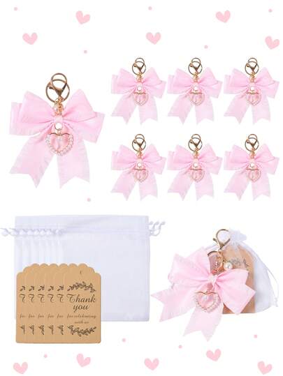 6Sets Pink Bow Organza Bag And Keychain Kit,Babyshower Party Favors,Pink Bow Keychains With Thank You Kraft Paper Tags&Mesh Bags,Wedding Decor,1st Birthday Party Decor,Pink Birthday Decorations,Bridal Shower Favors,Backpack Decor,Pink Bow Decor