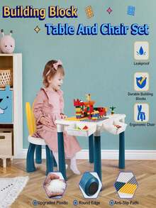 Mesa de Bloques de Construcción para Niños (Azul): 206 Piezas, Almacenamiento, Multifuncional como Mesa de Actividades/Agua/Arena/Comedor + Sillas - Azul y blanco - Ver 3