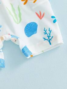 2Pcs Infant Baby Boy Swimsuit Set Fish Seashell Print Crew Neck Long Sleeve Upper Zipper Rash Guard Swimwear And Sun Hat - Blue - View 6