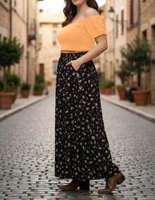 Saia Plus Size Cos Elastico Fenda Lateral Com Forro E Bolsos - PRETA FLORZINHA - Visão 5