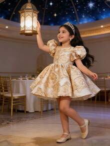 Young Girl' Elegant Floral Jacquard Petal Sleeve Party Dress, Princess Dress For Birthday, Vacation, Wedding, Easter, Gathering - 金色 - 查看 2