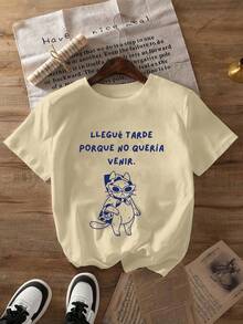 大码女式休闲“LLEGUE TARDE PORQUE NO QUERIA VENIR”字母卡通猫印花圆领短袖T恤，春夏秋季款，适合情人节/返校季穿着 - 杏色 - 查看 4