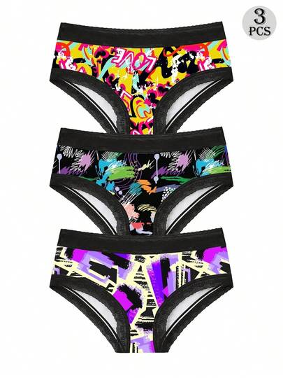  Dircho 3pcs Sexy Contrast Lace Hipster Panties, Allover Print Comfy Silky Intimates Briefs Panties, Women's Underwear & Lingerie