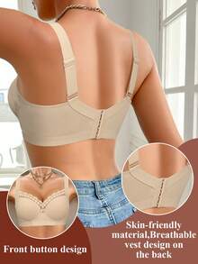 Women's Padded Bra - Wide Strap, Lace Trim, Side Support, Bust Enhancing, Sexy & Comfortable - Beige - View 4