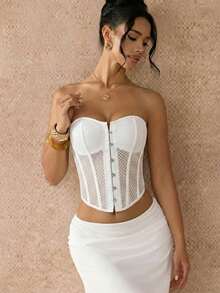 White Honeycomb Mesh Texture Bandeau Crop Top With Heart Neckline, Backless Criss-Cross Strap, Slim Waist Design, Breathable & Lightweight, Suitable For Dates, Parties, Sexy Look Summer - White - View 4