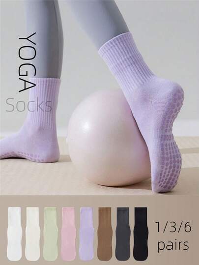 Women's Multi-Color Non-Slip Rubber-Soled Mid-Calf Sports Socks (1/3/6), Pilates Socks, Yoga Socks, Women's Compression Socks, Simple INS Style Design, Suitable For Home Wear, Men's And Women's Fitness, Yoga, Pilates, And As A Holiday Gift.