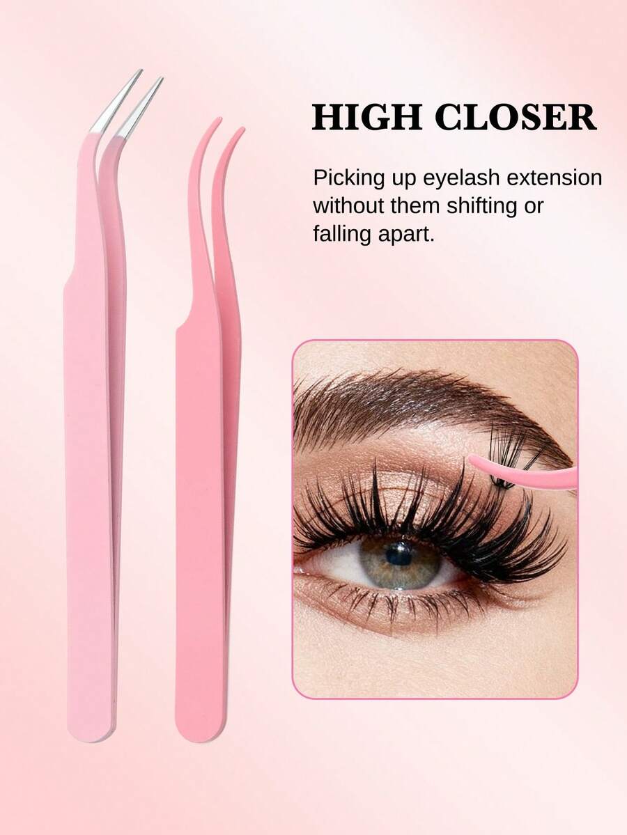 ARTSTAR 1pc Stainless Steel Curved Straight Eyebrow Tweezers False Eyelashes Nail Art Eyelash Tool - Baby Pink - View 1