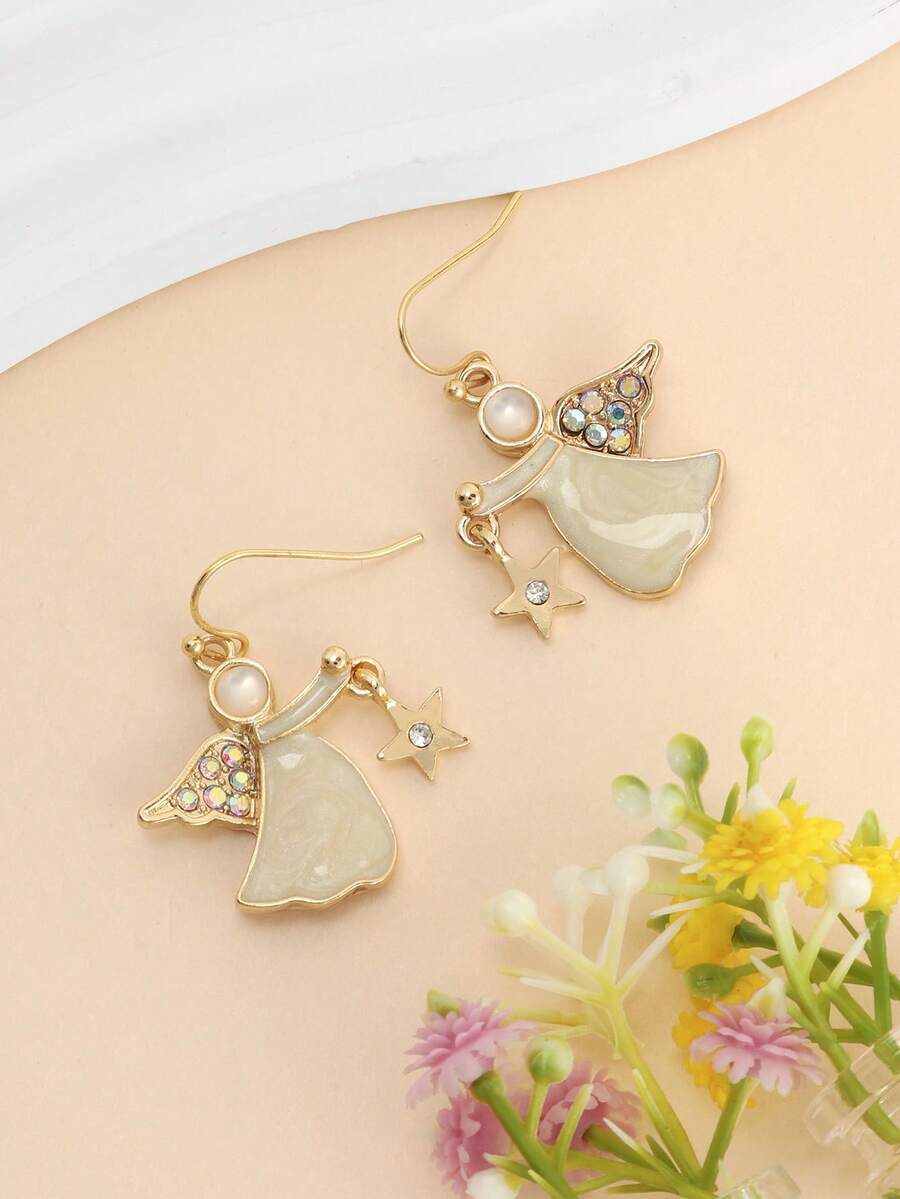 1对可爱天使星星耳环，百搭时尚，适合日常佩戴 - 金色 - 查看 1