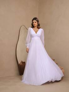 Elegant Women's Long Dress With Long Sleeves And Pleats, Suitable For Bridesmaids, Bridesmaids, Mothers Of The Bride, Groomsmen, Weddings, Graduations, And Evangelical Fashion. - 白色 - 查看 1