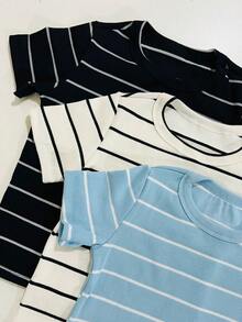Women's Ribbed Cotton Striped Basic Two-Tone T-Shirt - Casual Autumn/Winter/Summer American Style - YELLOW STRIPED - View 6