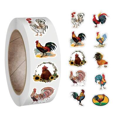 500 piezas Rollo de pegatinas de gallo, para botellas de agua, scrapbooking, diarios, portátiles, etc. Para detalles de fiesta, decoración de cumpleaños, pegatinas para paredes, sobres, tarjetas de cumpleaños y tarjetas de felicitación