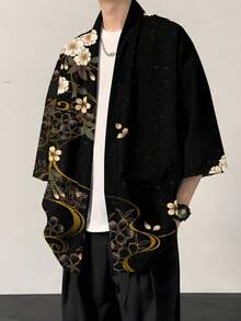 Premium Chinese Style Black-Gold Cherry Blossom Print Men's Loose Kimono Cardigan - Multicolor - View 1